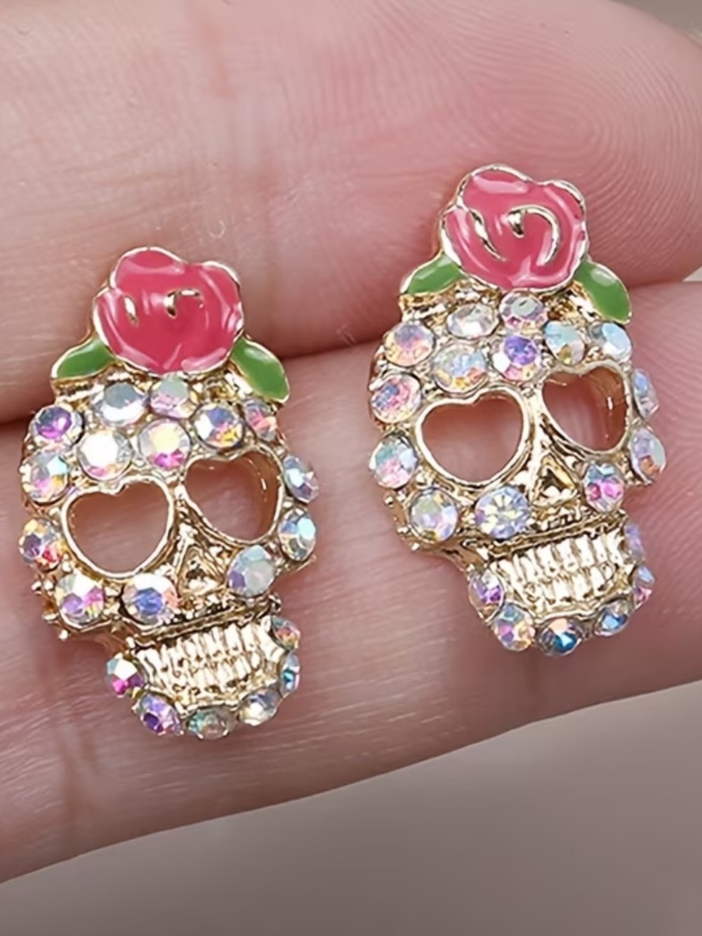 Gold-Tone Pink Rose Crystal Skull Stud Earrings - Women Jewelry